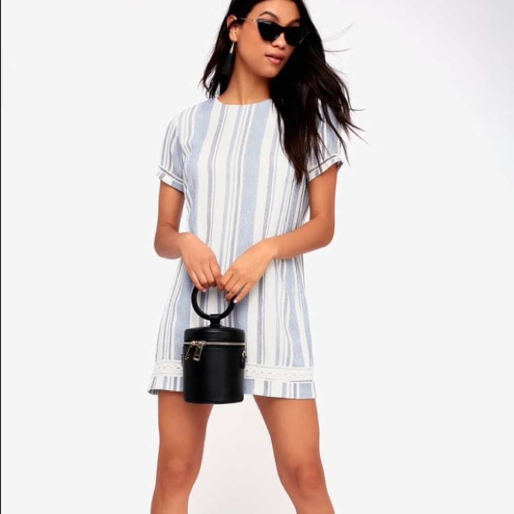 Ardell Blue and White Striped Embroidered Dress